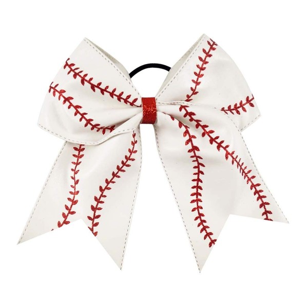 NEW"BASEBALL Glitter Leather" Cheer Bow Pony Tail 3 Inch Ribbon Girls Hair Cheerleading White Softball Game Team Sports
