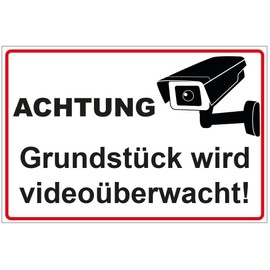 Sign "Achtung - Grundstück wird videoüberwacht" Aluminium / Dibond 200 x 140 mm 3 mm Thick