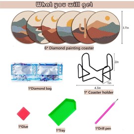 6Pcs 5D Diamond Painting Coasters with Holder, DIY Boho Coasters with Cork Backing Pads for Drinks Coffee Table , Diamond Arts Painting Kits for Beginners, Adults & Kids Crafts Supplies (Boho)