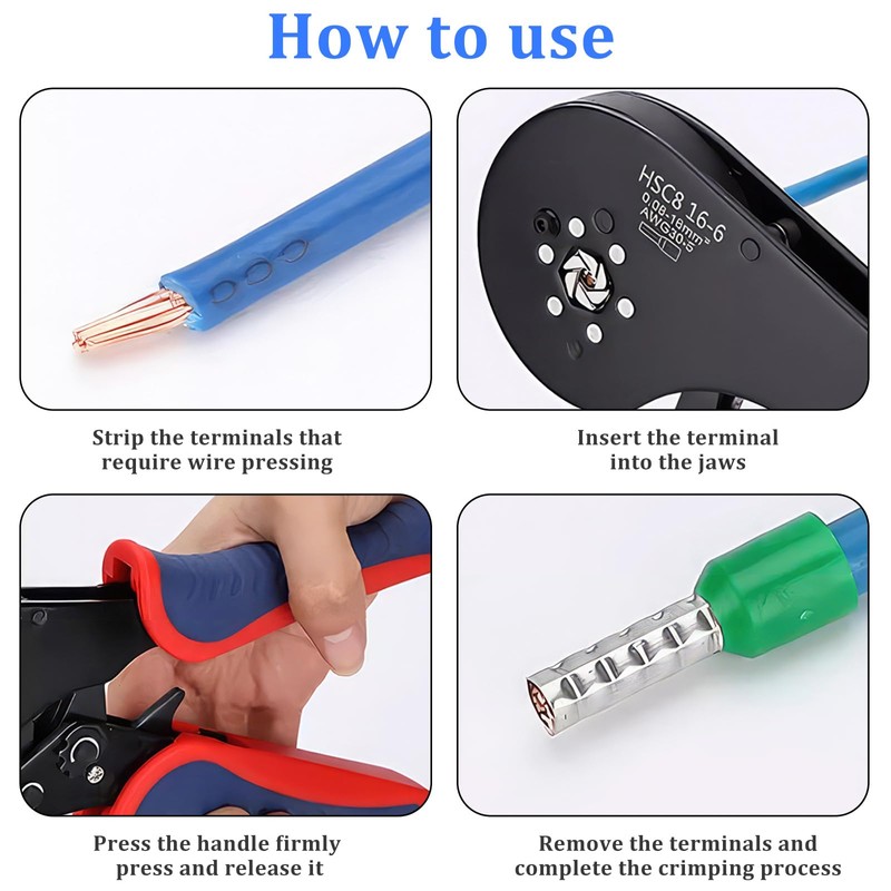 Wowlela Wire Ferrule Crimping Tool, 0.08-16mm² Hexagonal Ferrule Crimping Tool,