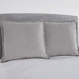 VHC Brands Burlap Dove Grey Fabric Euro Sham w/Fringed Ruffle 26x26 inch Pillow Cover