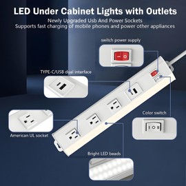 QMTSINEW 14inch Plug in Under Cabinet Lighting,120V Under Cabinet Lights Bar with 3 Outlet Switch,3000K/6000K Dimmable Shop Lights with USB/Type-C Ports and 5ft Power Outlet for Garage, Workbench