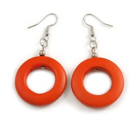 55mm Long/Round Orange Painted Wood Drop Earrings