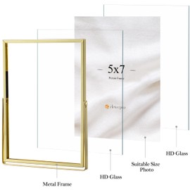 eletecpro 5x7 Metal Picture Frame with Real Glass Cover, Horizontal Tabletop Display Photo for Multiple Size up to 5x7, Floating Photo Frame for Wedding, Party, Home Decor, Gold