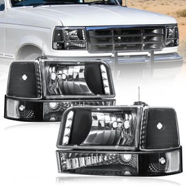 Fullux LED Headlights w/LED Bar for Ford F150 F250 F350 Bronco 1992 1993 1994 1995 1996 Clear Reflector Black Housing Left Right Replacement DRL Headlamp