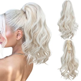 RUNRAYAY Ponytail Extension, Drawstring Ponytail Extension for Women 14 Inch Wavy Layered Pony Tails Hair Extensions Synthetic Clip in Ponytail Hairpiece for Women Cold-Blonde