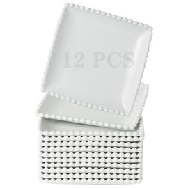 TAMAYKIM 6 Inch Porcelain Dinner Plates, Small Dessert Plate, Appetizer Plates, Square Shape Dinnerware Sets, Scratch Resistant, Microwave, Oven, and Dishwasher Safe, White with Pearl Dots, 12 Pieces