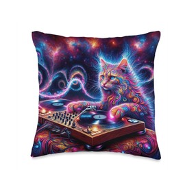 PLUR Rave Music Festival Essential Trippy Cat Wizard DJ Throw Pillow