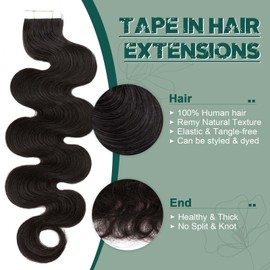Benehair Remy Tape in Hair Extensions Human Hair Natural Black Seamless Skin Weft Tape in Real Human Hair Extensions Wavy Hair 20 Inch 50g #1B 20 pcs