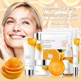 Set De Cuidado Facial Con Vitamina C, 9 Piezas Con 3 Mascarillas De Miel, Jabón, Gel De Ducha, Tónico, Suero, Crema Hidratante, Contorno De Ojos Y Kit