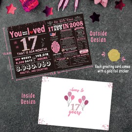 ICOOLYI 17th Birthday Card Gifts for Girls, Daughter, Niece, Granddaughter, 17th Birthday Decorations for Girls, Large Birthday Card for 17 Year Old, Funny Back in 2008 Birthday Card, Rose Pink Gold