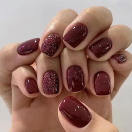 Valentines Day Nails - Valentines Press on Nails Short Fake Nails with Red Gloss Glitter Press ons Designs Acrylic Nails Press on Artificial Nails Stick on Nails For Women 24Pcs