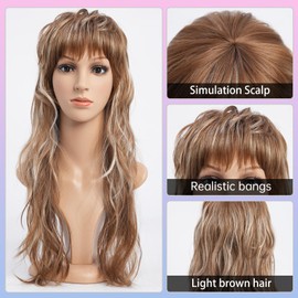 SeclitWu 80s 90s Retro Light Brown with Highlight Mullet Wigs Pixie Cut Wigs with Bangs for Women Wolf Cut Wig Long Synthetic Wavy Costumes Cosplay Hair Wig for Women at Party(22 Inch)
