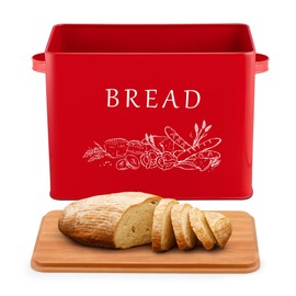 LIANYU Red Bread Box with Bamboo Lid for Kitchen Countertop, Large Farmhouse Metal Bread Storage Container Organizer, Vintage Bin Keeper for Counter 13x7x9.8 Inch