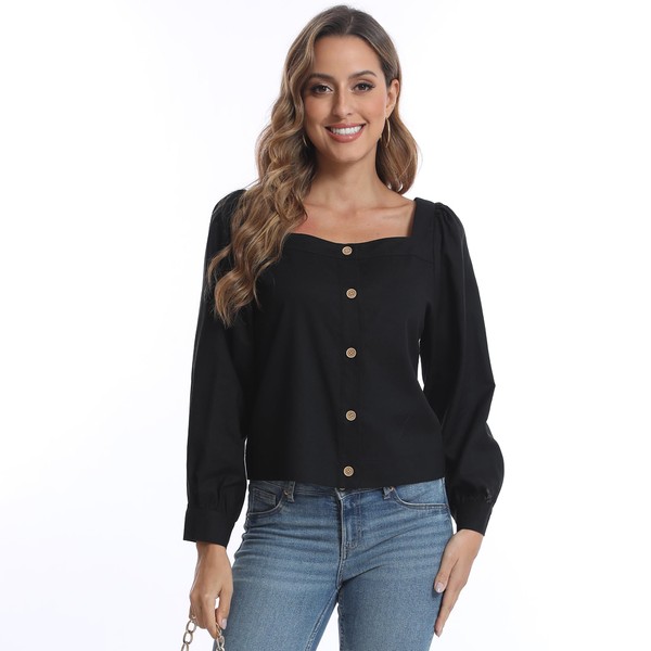 Womens 2024 Black Button Up Top Long Sleeves Shirts Square