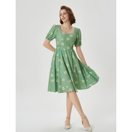 Belle Poque 1950s Vintage Cocktail Dress for Women Square Neck Short Puff Sleeve Dresses Tea Party Sun Dress Green S