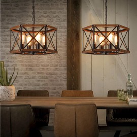 4-Light Large Rustic Farmhouse Wood Pendant Light Fixture with Adjustable Chain, 20 inch Oak Wood and Metal Cage Chandelier for Dining Room Kitchen Island Farmhouse Living Room Entry, Black