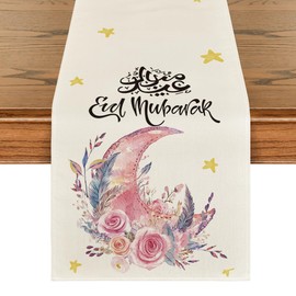 Artoid Mode Pink Moon Flowers Stars Ramadan Table Runner, Seasonal Summer Holiday Kitchen Dining Table Runners for Home Party Decor 13 x 48 Inch