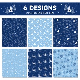 12 Sheets of Christmas Wrapping Paper, Dark Blue, Double-Sided Printed Wrapping Paper, Birthday, 6 Types of Wrapping Paper Sheets for Children, Holiday, Birthday Wrapping Paper, 50 x 68 cm