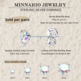 Minnario 20G Sterling Silver Small Stud Earrings for Women Men, Aurora Borealis Earrings CZ Helix Cartilage Piercing Earrings Studs 2mm