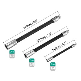 uxcell 1/4" 3/8" 1/2" Drive Socket Extension Bar Set - Spring Steel, Chrome Plated, Flexible, Universal Joint - Black, 3-Piece Set