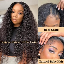 ROYAL IMPRESSION V Part Deep Wave Human Hair Wigs Upgraded U Part Human Hair Wig Minimal Leave Out No Sew in No Glue 180% Density V Shape Clip in Half Wig Beginner Friendly (26 Inch)