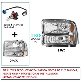 TUSDAR Headlight for 00-04 Ford Excursion / 99-04 Ford F250 F350 F450 F550 Super Duty Chrome Housing with Amber Reflector,Driver and Passenger Side