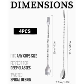 TOZBLEU Cocktail Mixing Spoon, Set of 4 Bar Spoons, Stirrer, Long Cocktail Stirrer, Gin Spoon, Stainless Steel, Professional Cocktail Stirrer Spoon with Spiral Pattern for Bar, Cocktail Shaker,