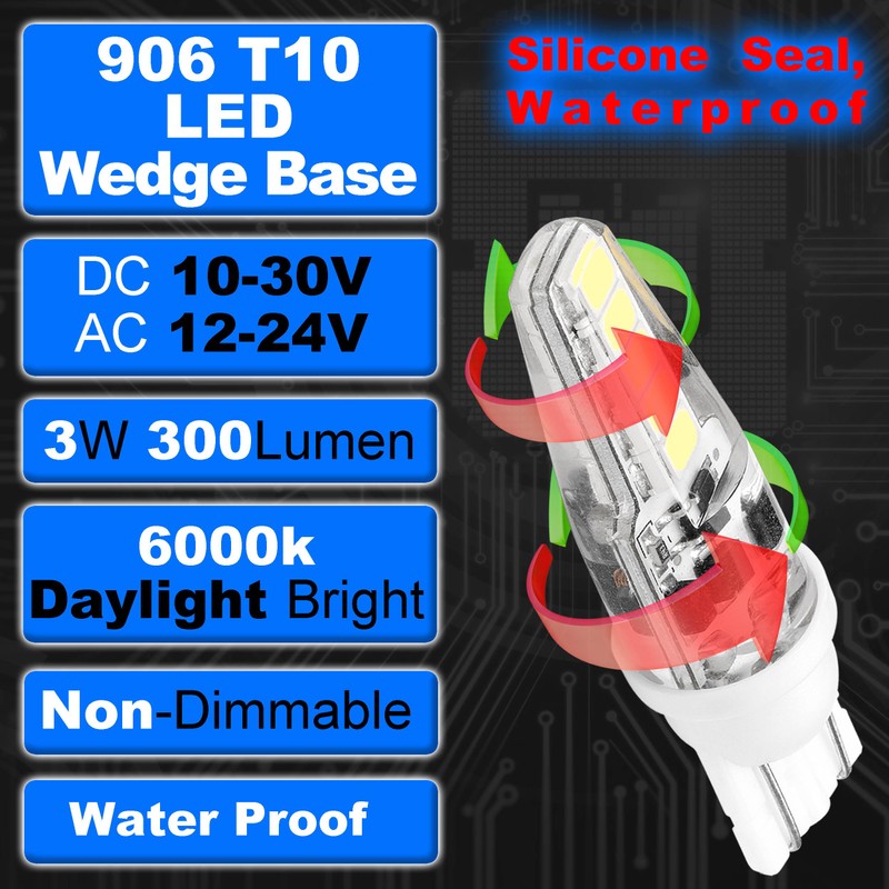 T10 Wedge Base 906 LED Marine Boat Light Bulb AC/DC