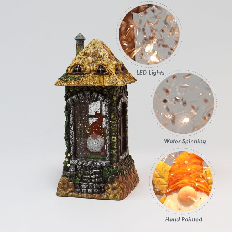 Acrylic Gnome House Lantern LED Light-Up Water Spinning Fall Decoration,