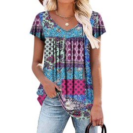 Womens Ruffle Short Sleeve Tunic Tops V Neck Loose Fit Flowy Blue Blocks Summer Tops S