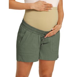 Maacie - Pantalones cortos de algodón para maternidad con cordón y cintura alta y bolsillos, Verde militar, X-Large