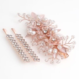 Sppry Wedding Hair Clips Set of 3 PCS - Floral Rhinestone Pearl Hair Accessories for Bridal Women (Rose Gold)