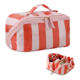 DYSHAYEN Stripe Travel Makeup Bag with Compartments Clear Coated Cosmetic Bag for Women, Waterproof Portable Open Flat Toiletry bag （Pink-Orange）