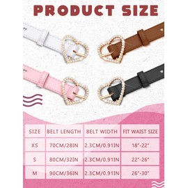 4 Pcs Girls Belt Kids Leather Belts Waist Belt Rhinestone Heart Metal Buckle, Brown, Pink, White, Black (22-26 Inch)