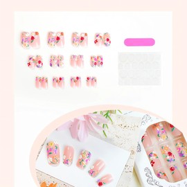 3D Flower Press on Nails Medium Square Fake Nails with Floral Design Spring False Nails Cute Flowers Nails Press ons Medium Length Glue on Nails Colorful Blossom Stick on Nails for Women Girls 24Pcs