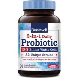 Bonawell Probiotics 120 Billion CFU 32 Strains with Prebiotics, Digestive Enzymes for Gut Health, 3-in-1 Daily Probiotic, Shelf-Stable, Delayed-Release, 30 Veggie Caps