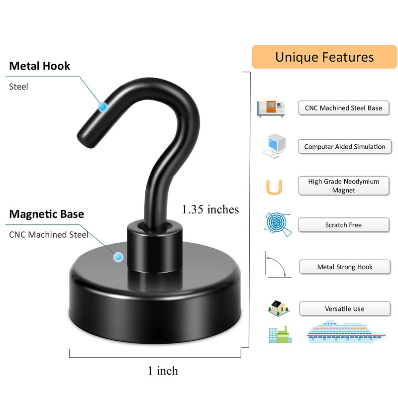 Neosmuk Black Magnetic Hooks, 30 kg High Performance Earth Magnets