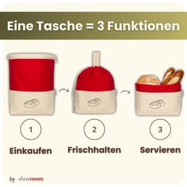 slowroom Bread Bag for Bread Storage and Keeping Fresh 3 in 1 - Bread Basket Fabric - Bread Bag Made of Cotton - Bread Bin 32 x 35 cm, Red