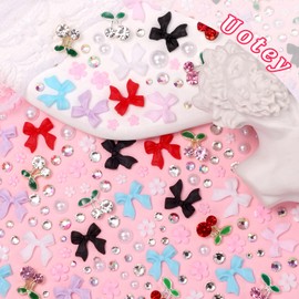 3D Bow Nail Charms and Rhinestones, Color Acrylic 3D Nail Bows Cherry Nail Charms, Bows Blossom Flowers Nail Charms and Gems for Acrylic Nails Y2K DIY Nail Art Accessories
