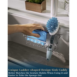 Consumest Sponge Holder for Kitchen Sink with Adhesive Hook & Suction Cups, Rustproof Stainless Steel Sink Caddy, Kitchen Sink Organizer for Sponge, Brush, Sink Stopper - Silver