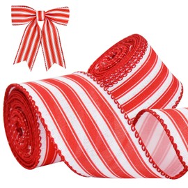 TONIFUL 2 Rolls-2 Inch Red Striped Wired Ribbon, Red and White Stripe Wired Ribbon for Gift Wrapping, Indoor, Bows Making, Wedding Birthday Party Decoration (6yds/roll)
