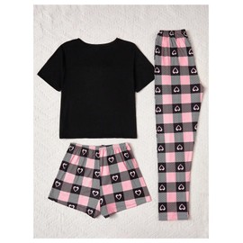 WDIRARA Women's 3 Piece Plaid Heart Print Pajama Set Short Sleeve Tee Lounge Shorts and Pants Sleepwear Multicolor Medium