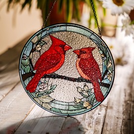 7.8" Cardinal Stained Glass Suncatchers Art Glass Birds and Flowers for Sun Catcher Indoor Window Gifts for Nature Floral Bird Lovers Women Mom Friend Painted Panel Décor BIRD-02B-SG8