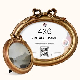 97 Decor Small Gold Oval Frame 4x6 - Vintage Picture Frames 4x6, Horizontal Antique Ornate Frame 4 X 6, Gold Bow Frames 4 by 6 With Glass Front For Tabletop And Wall Hanging, Antique Wall Decor