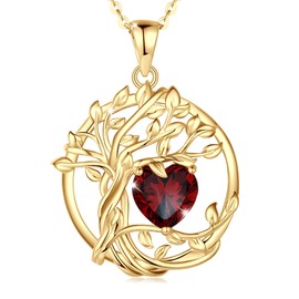 FANCIME Tree of Life Necklace for Women Yellow Gold Plated Tree of Life Gemstone Pendant Necklace Jewellery Gifts for Women Girls Chain Length: 40 + 5 cm, Cubic Zirconia, Garnet