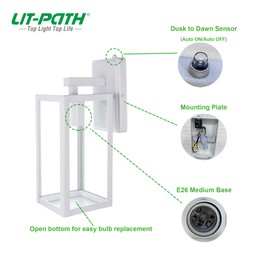 LIT-PaTH Dusk to Dawn Outdoor Wall Lantern, Wall Sconce as Porch Lighting Fixture, E26 Medium Base Max 60W, Anti-Rust Metal with Glass Shade, White, 1-Pack