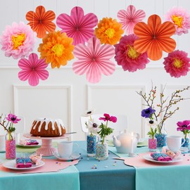 BestoFun Set of 12 Paper Flower Fans & Paper Flowers Pompoms Pink Orange Hanging Garland Decoration for Wedding Birthday Party Garden Party Table Decoration