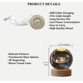 4 Pack 3D Galaxy Crystal Ball with Warm Light – 3.14" Laser Engraved Solar System, Saturn, Astronaut Moon, Galaxy, Planet Globe on Wood Base, Inner Carved Glass Sphere Night Light for Desk Home Decor