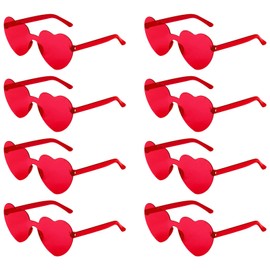 KINBOM Pack of 8 Heart Sunglasses, Stylish Rimless Heart Glasses, Transparent Rimless Sunglasses for Women Girls for Summer Party Birthday Party Stag Night (Red), red